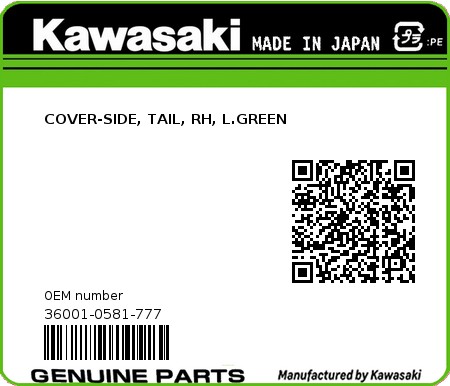 Product image: Kawasaki - 36001-0581-777 - COVER-SIDE, TAIL, RH, L.GREEN  0