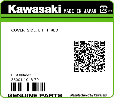 Product image: Kawasaki - 36001-1043-7P - COVER, SIDE, L.H, F.RED  0