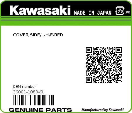 Product image: Kawasaki - 36001-1080-6L - COVER,SIDE,L.H,F.RED  0