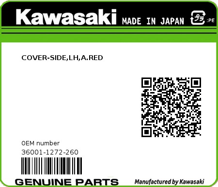 Product image: Kawasaki - 36001-1272-260 - COVER-SIDE,LH,A.RED  0