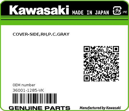 Product image: Kawasaki - 36001-1285-VK - COVER-SIDE,RH,P.C.GRAY  0