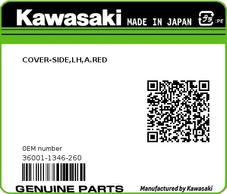 Product image: Kawasaki - 36001-1346-260 - COVER-SIDE,LH,A.RED  0