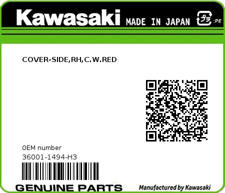 Product image: Kawasaki - 36001-1494-H3 - COVER-SIDE,RH,C.W.RED  0