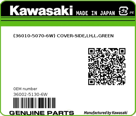 Product image: Kawasaki - 36002-5130-6W - (36010-5070-6W) COVER-SIDE,LH,L.GREEN  0
