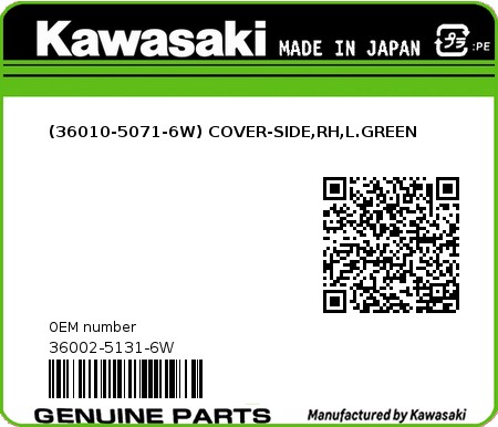 Product image: Kawasaki - 36002-5131-6W - (36010-5071-6W) COVER-SIDE,RH,L.GREEN  0
