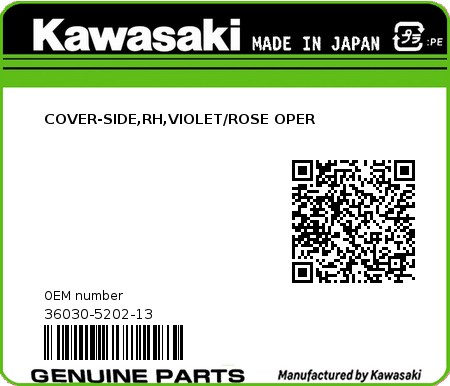 Product image: Kawasaki - 36030-5202-13 - COVER-SIDE,RH,VIOLET/ROSE OPER  0
