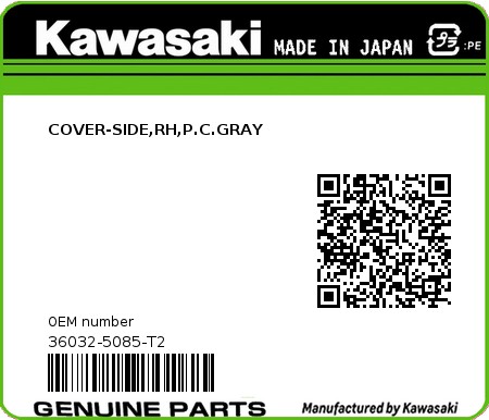 Product image: Kawasaki - 36032-5085-T2 - COVER-SIDE,RH,P.C.GRAY  0