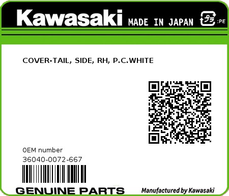 Product image: Kawasaki - 36040-0072-667 - COVER-TAIL, SIDE, RH, P.C.WHITE  0