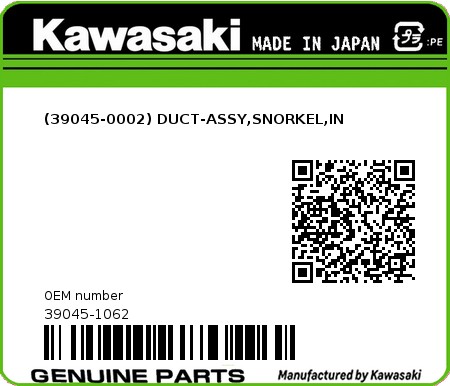 Product image: Kawasaki - 39045-1062 - (39045-0002) DUCT-ASSY,SNORKEL,IN  0