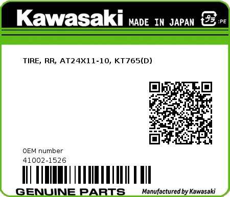 Product image: Kawasaki - 41002-1526 - TIRE, RR, AT24X11-10, KT765(D)  0
