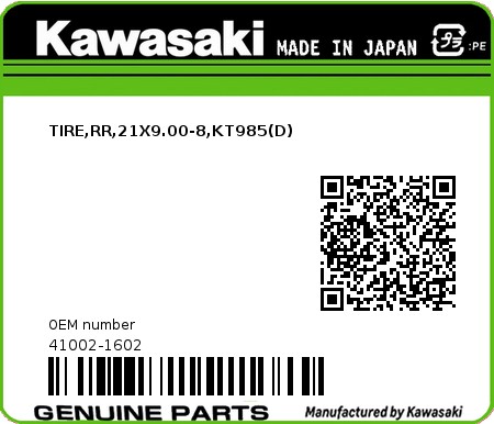 Product image: Kawasaki - 41002-1602 - TIRE,RR,21X9.00-8,KT985(D)  0