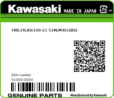 Product image: Kawasaki - 41009-0064 - TIRE,FR,80/100-21 51M,M401(BS)  0