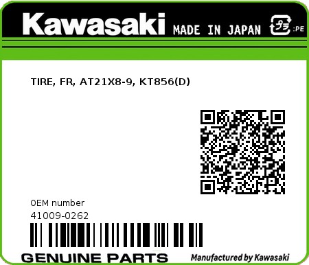 Product image: Kawasaki - 41009-0262 - TIRE, FR, AT21X8-9, KT856(D)  0
