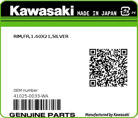 Product image: Kawasaki - 41025-0033-WA - RIM,FR,1.60X21,SILVER  0