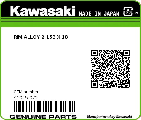 Product image: Kawasaki - 41025-072 - RIM,ALLOY 2.15B X 18  0