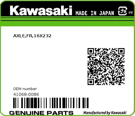 Product image: Kawasaki - 41068-0086 - AXLE,FR,16X232  0