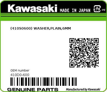 Product image: Kawasaki - 410D0-600 - (410S0600) WASHER,PLAIN,6MM  0