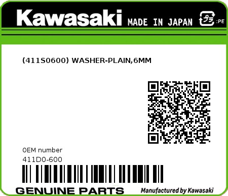 Product image: Kawasaki - 411D0-600 - (411S0600) WASHER-PLAIN,6MM  0