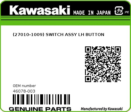 Product image: Kawasaki - 46078-003 - (27010-1009) SWITCH ASSY LH BUTTON  0