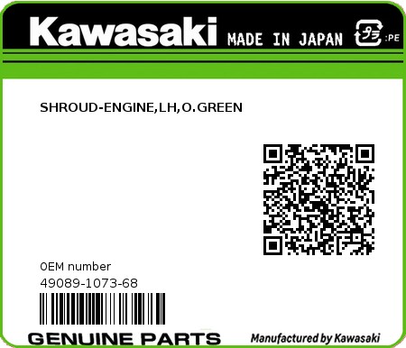 Product image: Kawasaki - 49089-1073-68 - SHROUD-ENGINE,LH,O.GREEN  0