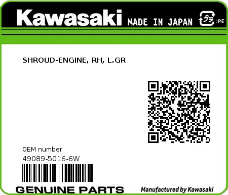 Product image: Kawasaki - 49089-5016-6W - SHROUD-ENGINE, RH, L.GR  0