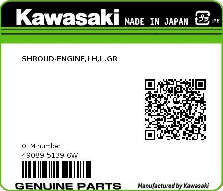 Product image: Kawasaki - 49089-5139-6W - SHROUD-ENGINE,LH,L.GR  0