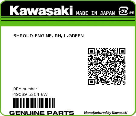Product image: Kawasaki - 49089-5204-6W - SHROUD-ENGINE, RH, L.GREEN  0
