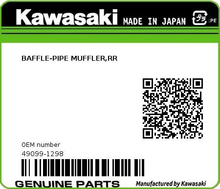 Product image: Kawasaki - 49099-1298 - BAFFLE-PIPE MUFFLER,RR  0