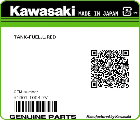 Product image: Kawasaki - 51001-1004-7V - TANK-FUEL,L.RED  0
