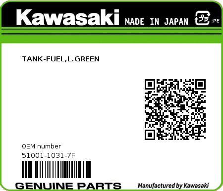 Product image: Kawasaki - 51001-1031-7F - TANK-FUEL,L.GREEN  0