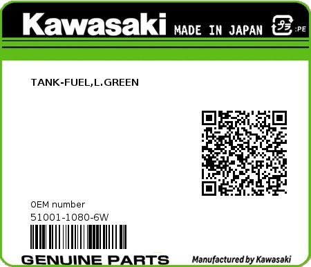 Product image: Kawasaki - 51001-1080-6W - TANK-FUEL,L.GREEN  0