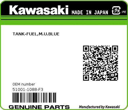 Product image: Kawasaki - 51001-1088-F3 - TANK-FUEL,M.U.BLUE  0