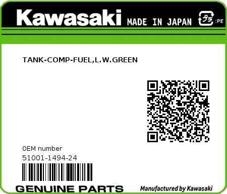 Product image: Kawasaki - 51001-1494-24 - TANK-COMP-FUEL,L.W.GREEN  0