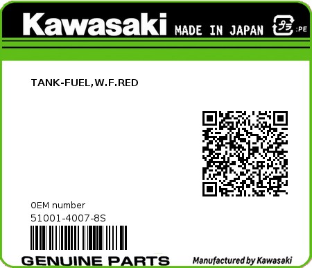 Product image: Kawasaki - 51001-4007-8S - TANK-FUEL,W.F.RED  0