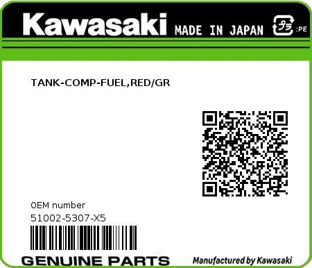 Product image: Kawasaki - 51002-5307-X5 - TANK-COMP-FUEL,RED/GR  0