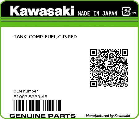 Product image: Kawasaki - 51003-5239-A5 - TANK-COMP-FUEL,C.P.RED  0