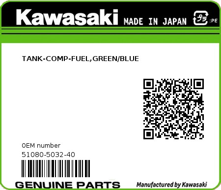 Product image: Kawasaki - 51080-5032-40 - TANK-COMP-FUEL,GREEN/BLUE  0