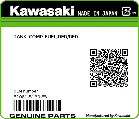 Product image: Kawasaki - 51081-5130-F5 - TANK-COMP-FUEL,RED/RED  0