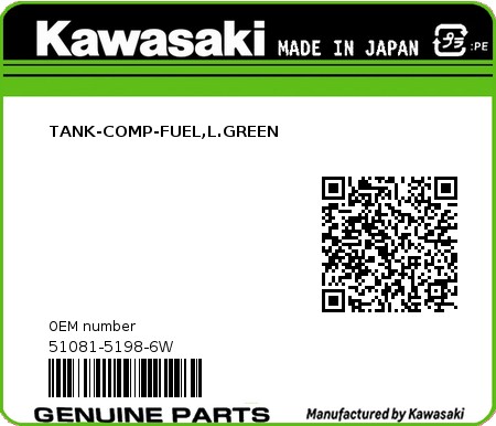 Product image: Kawasaki - 51081-5198-6W - TANK-COMP-FUEL,L.GREEN  0