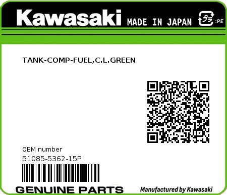 Product image: Kawasaki - 51085-5362-15P - TANK-COMP-FUEL,C.L.GREEN  0