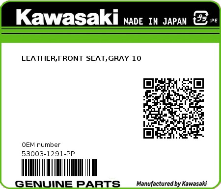 Product image: Kawasaki - 53003-1291-PP - LEATHER,FRONT SEAT,GRAY 10  0