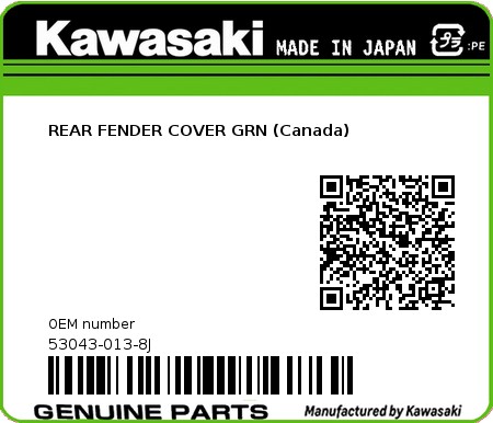 Product image: Kawasaki - 53043-013-8J - REAR FENDER COVER GRN (Canada)  0