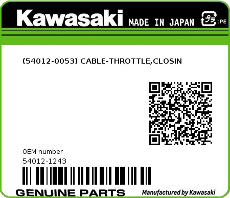 Product image: Kawasaki - 54012-1243 - (54012-0053) CABLE-THROTTLE,CLOSIN  0