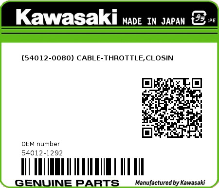 Product image: Kawasaki - 54012-1292 - (54012-0080) CABLE-THROTTLE,CLOSIN  0