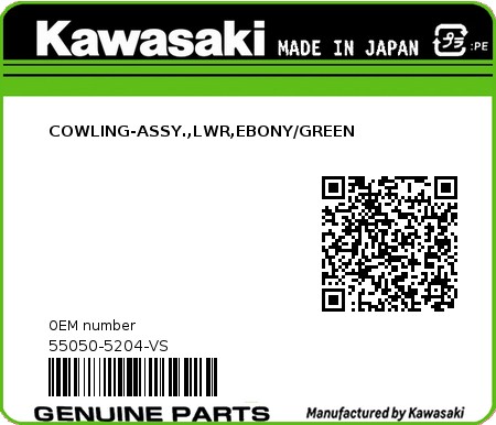 Product image: Kawasaki - 55050-5204-VS - COWLING-ASSY.,LWR,EBONY/GREEN  0