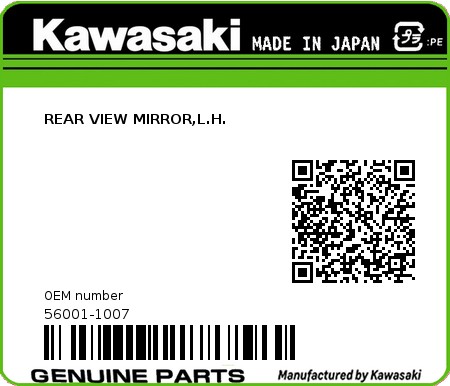 Product image: Kawasaki - 56001-1007 - REAR VIEW MIRROR,L.H.  0