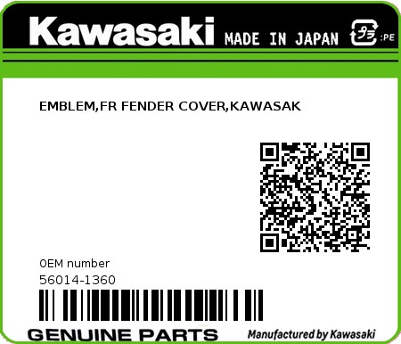 Product image: Kawasaki - 56014-1360 - EMBLEM,FR FENDER COVER,KAWASAK  0