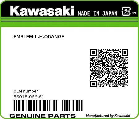 Product image: Kawasaki - 56018-066-61 - EMBLEM-L.H,ORANGE  0