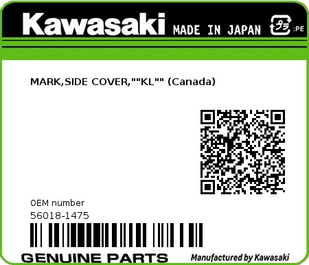 Product image: Kawasaki - 56018-1475 - MARK,SIDE COVER,""KL"" (Canada)  0