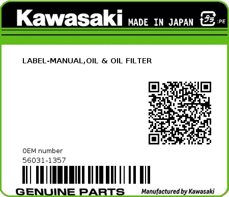 Product image: Kawasaki - 56031-1357 - LABEL-MANUAL,OIL & OIL FILTER  0